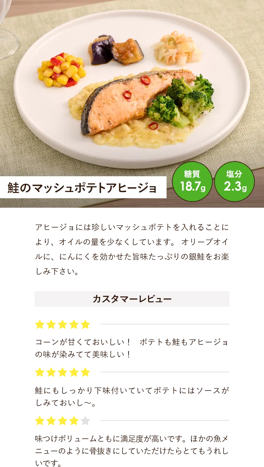 鮭のマッシュポテトアヒージョ。糖質18.7g、塩分2.3g。アヒージョには珍しいマッシュポテトを入れることにより、オイルの量を少なくしています。 オリーブオイルに、にんにくを効かせた旨味たっぷりの銀鮭をお楽しみ下さい。カスタマーレビューを紹介します。星5:コーンが甘くておいしい！ ポテトも鮭もアヒージョの味が染みてて美味しい！星5:鮭にもしっかり下味付いていてポテトにはソースがしみておいし〜。星4:味つけボリュームともに満足度が高いです。ほかの魚メニューのように骨抜きにしていただけたらとてもうれしいです。