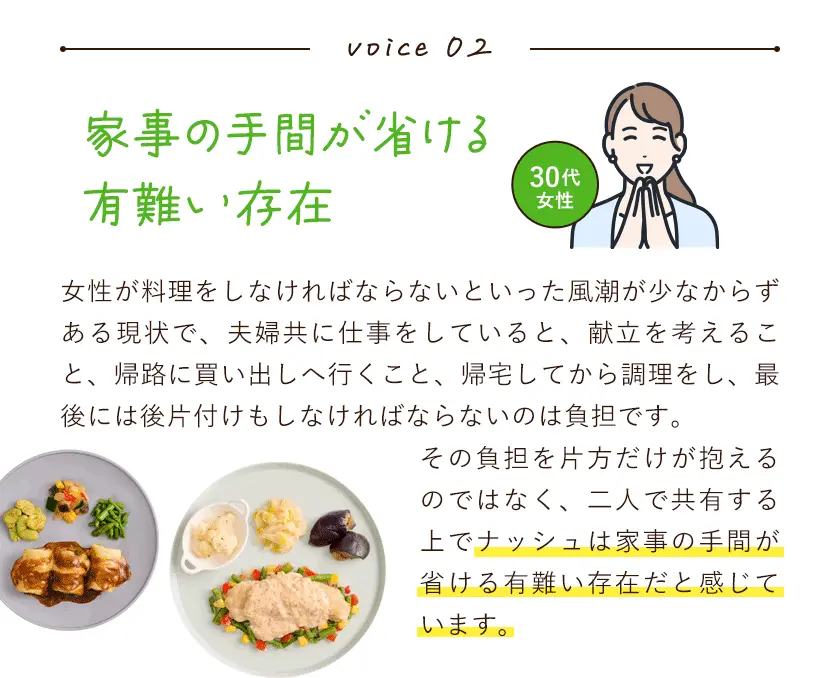 ボイス2。家事の手間が省ける有難い存在。女性が料理をしなければならないといった風潮が少なからずある現状で、夫婦共に仕事をしていると、献立を考えること、帰路に買い出しへ行くこと、帰宅してから調理をし、最後には後片付けもしなければならないのは負担です。その負担を片方だけが抱えるのではなく、二人で共有する上でナッシュは家事の手間が省ける有難い存在だと感じています。