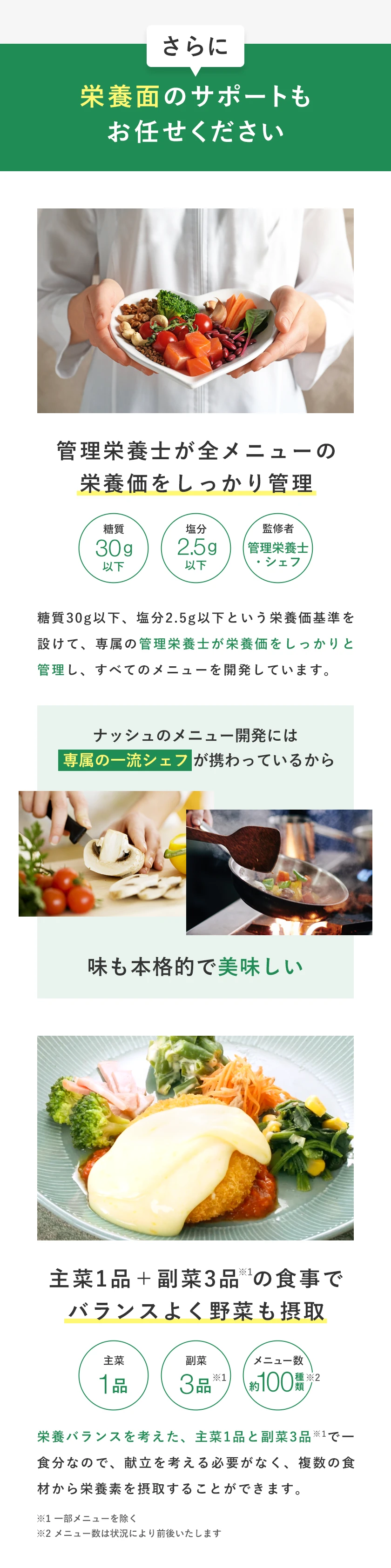 栄養面のサポートも任せてください。管理栄養士が全メニューの栄養価をしっかり管理し、糖質30g以下、塩分2.5g以下の基準を設けています。