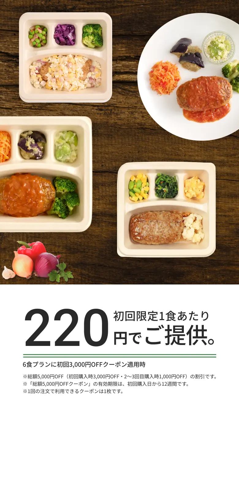 初回限定1食あたり220円でご提供。6食プランに初回3,000円OFFクーポン適用時 ※総額5,000円OFF（初回購入時3,000円OFF・2～3回目購入時1,000円OFF）の割引です。※「総額5,000円OFFクーポン」の有効期限は、初回購入日から12週間です。※1回の注文で利用できるクーポンは1枚です。