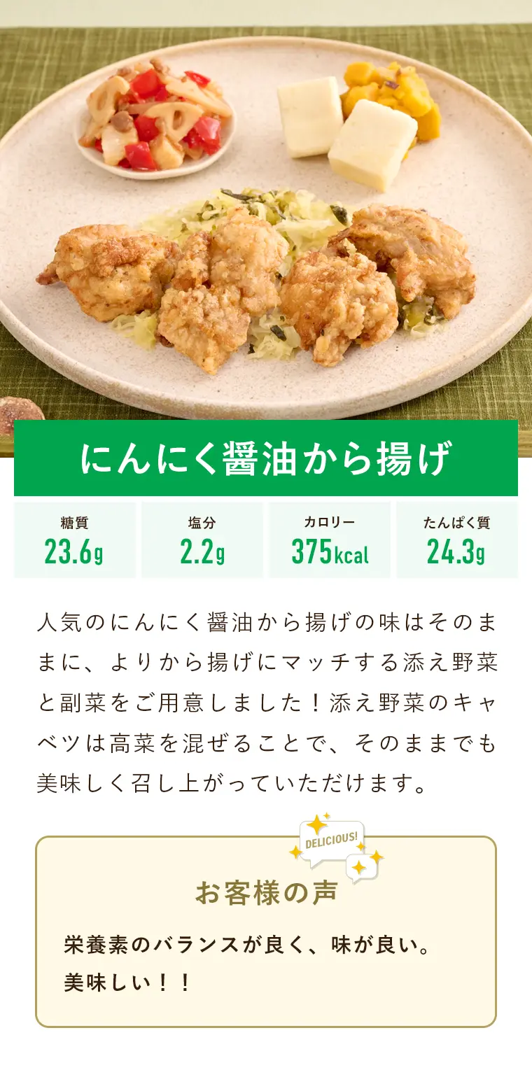 にんにく醤油から揚げ。糖質23.6g、塩分2.2g、カロリー375kcal、たんぱく質24.3g。人気のにんにく醤油から揚げの味はそのままに、よりから揚げにマッチする添え野菜と副菜をご用意しました！添え野菜のキャベツは高菜を混ぜることで、そのままでも美味しく召し上がっていただけます。お客様の声：栄養素のバランスが良く、味が良い。美味しい！！