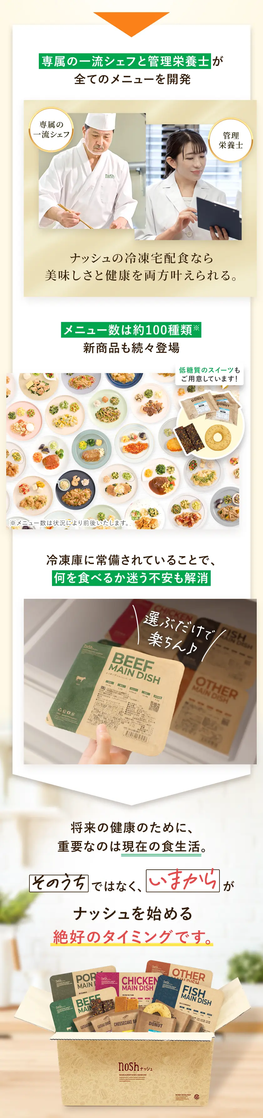 専属の一流シェフと管理栄養士が全てのメニューを開発！ナッシュの冷凍宅配食なら美味しさと健康を両方叶えられる。メニュー数は約100種類で新商品も続々登場！低糖質のスイーツもご用意しています！冷凍庫に常備されていることで、何を食べるか迷う不安も解消。将来の健康のために、重要なのは現在の食生活。「そのうち」ではなく、「いまから」がナッシュを始める絶好のタイミングです。