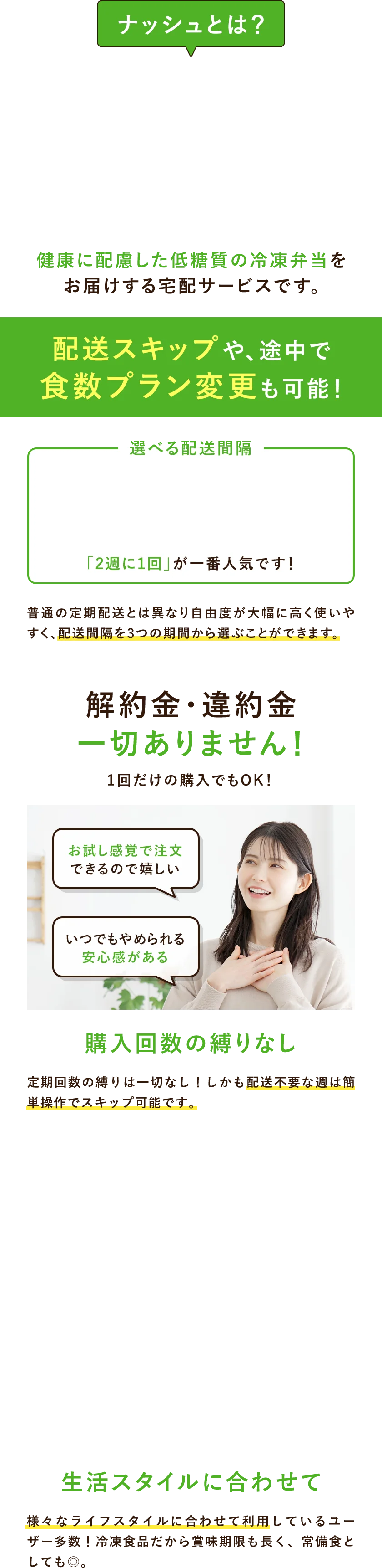ナッシュとは健康に配慮した低糖質の冷凍弁当をお届けする宅配サービスです。配送スキップや、途中で食数プラン変更も可能！「2週に1回」の配送間隔が一番人気です！普通の定期配送とは異なり自由度が大幅に高く使いやすく、配送間隔を3つの期間から選ぶことができます。解約金•違約金は一切ありません！1回だけの購入でもOK!お試し感覚で注文できるので嬉しいですね。いつでもやめられるため安心感があります。購入回数、定期回数の縛りは一切なし！しかも配送不要な週は簡単場作でスキップ可能です。様々なライフスタイルに合わせて利用しているユーザー多数！冷凍食品だから賞味期限も長く、常備食としてもお使いいただけます。