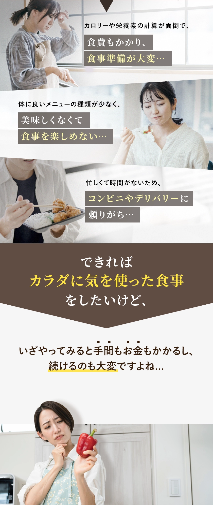 こんなお悩みはありませんか？カロリーや栄養素の計算が面倒で、食貴もかかり、食事準備が大変…。体に良いメニューの種類が少なく、美味しくなくて食事を楽しめない。忙しくて時間がないため、コンビニやデリバリーに頼りがち。できればカラダに気を使った食事をしたいけど、いざやってみると手間もお金もかかるし、続けるのも大変ですよね...。もっと手軽に健康的な食事ができればなぁ…。そんなご希望を、ナッシュなら解決できます。