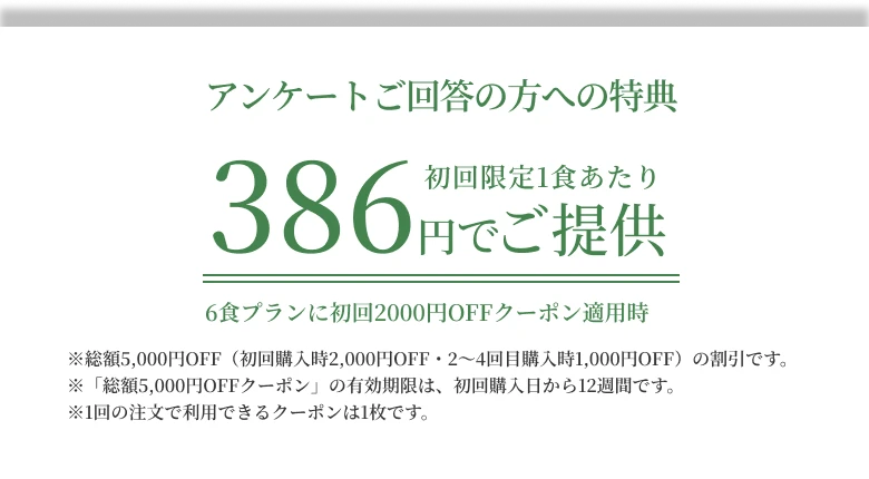 アンケートご回答者限定特典 初回限定1食あたり386円でご提供 6食プランに初回2000円OFFクーポン適用時※総額5,000円OFF（初回購入時2,000円OFF・2〜4回目購入時1,000円OFF）の割引です。※「総額5,000円OFFクーポン」の有効期限は、初回購入日から12週間です。※1回の注文で利用できるクーポンは1枚です。