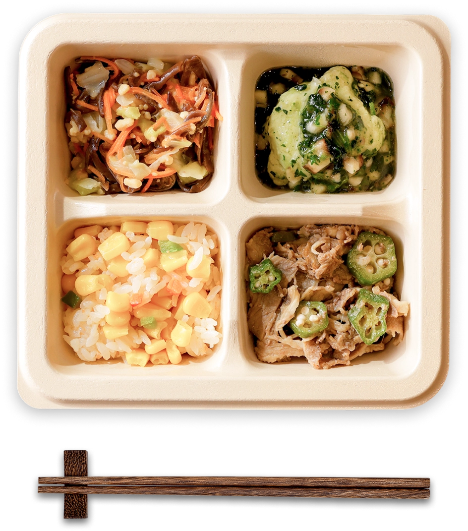 主菜・ごはん・副菜2種がひとつの器に詰まった健康ごちそう便の一食